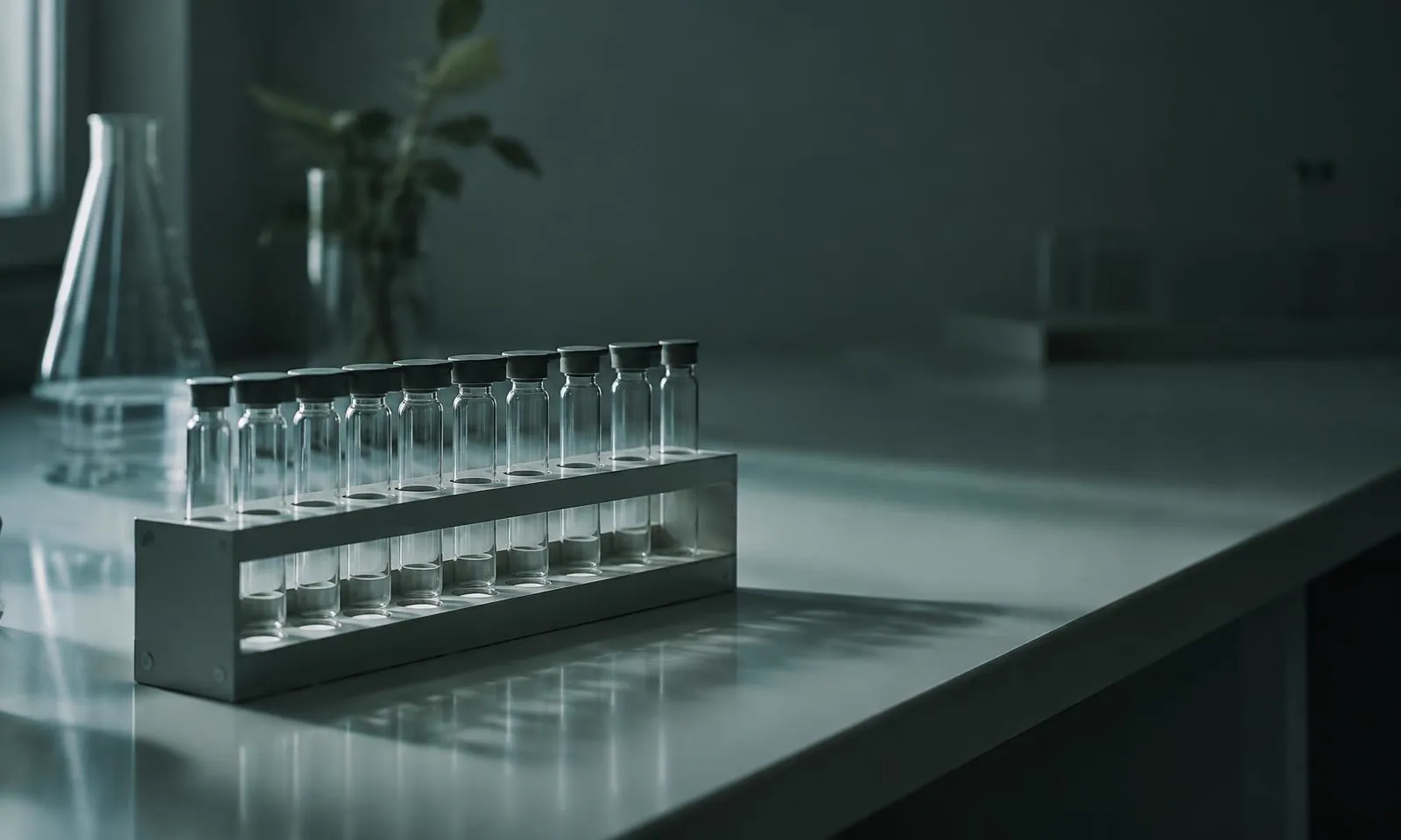 Empty glass vials in a rack on a lab bench