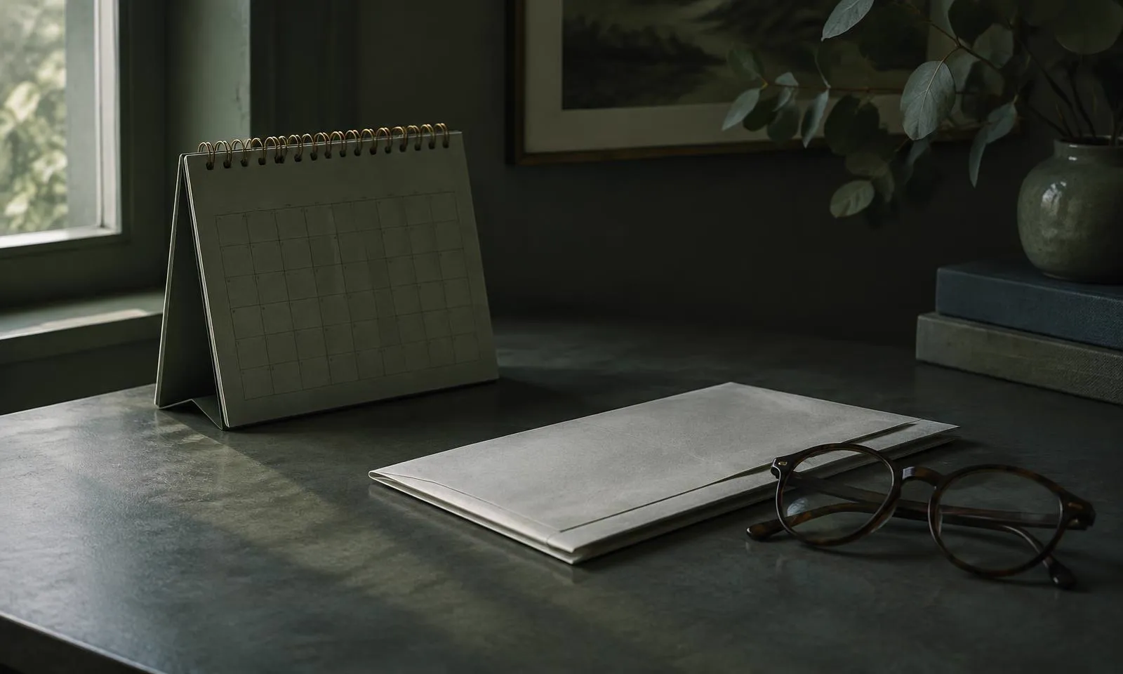 A desk calendar and folded document beside reading glasses